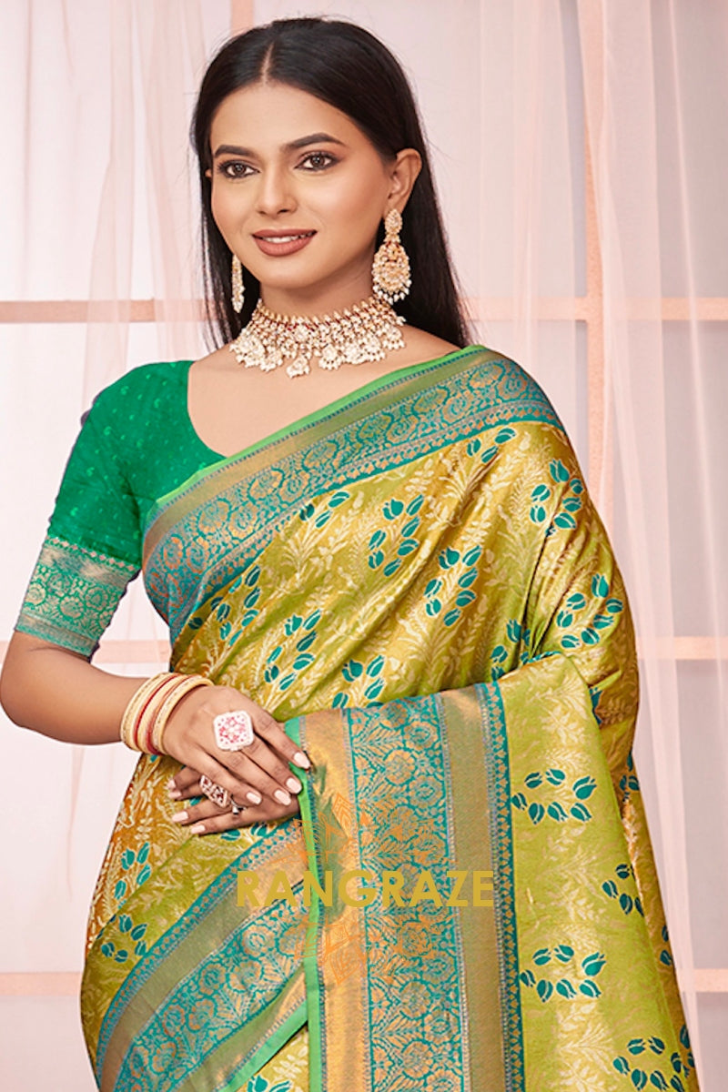 Royal Olive Green Banarasi Silk Saree With Woven Zari Work