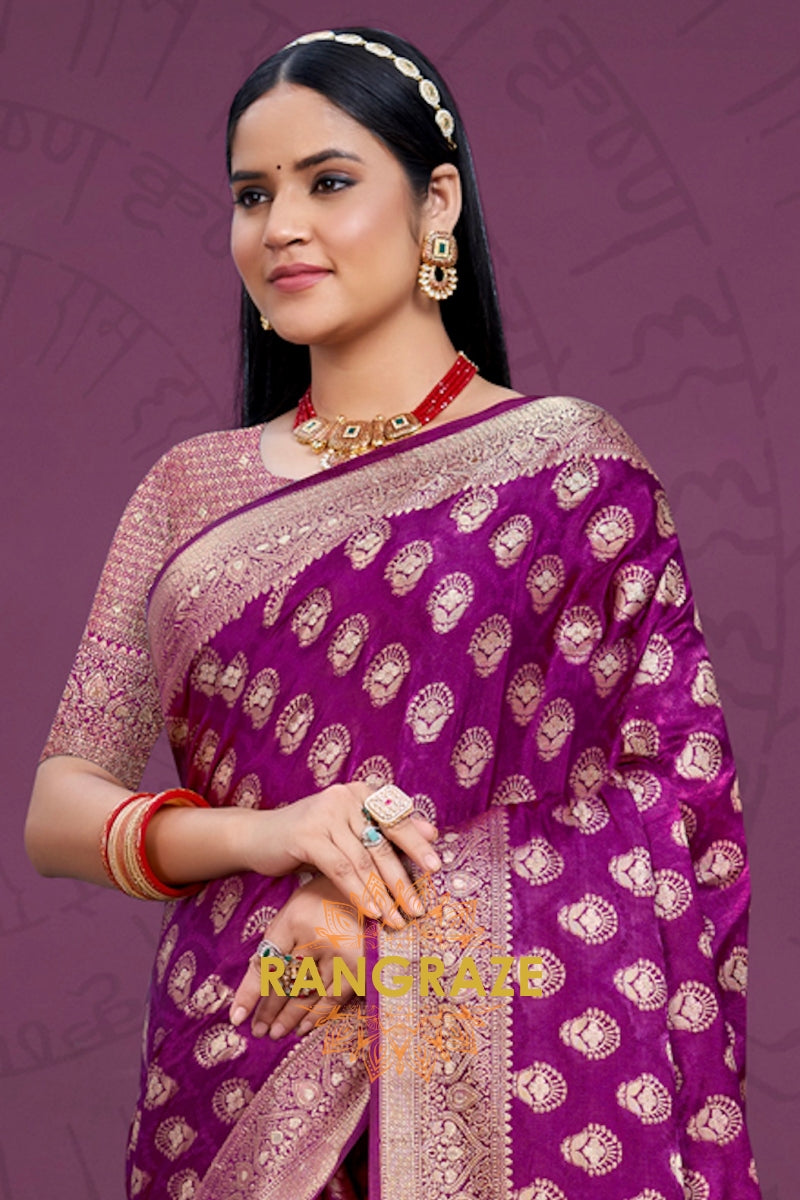 Divine Purple Banarasi Silk Saree With Golden Zari Buta Work