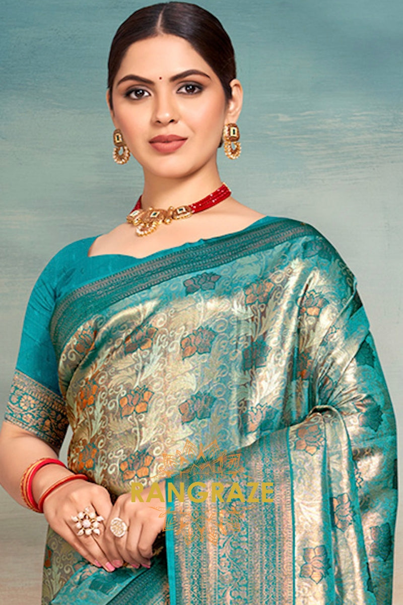 Elegant Azure Blue Banarasi Silk Saree With Woven Zari Work