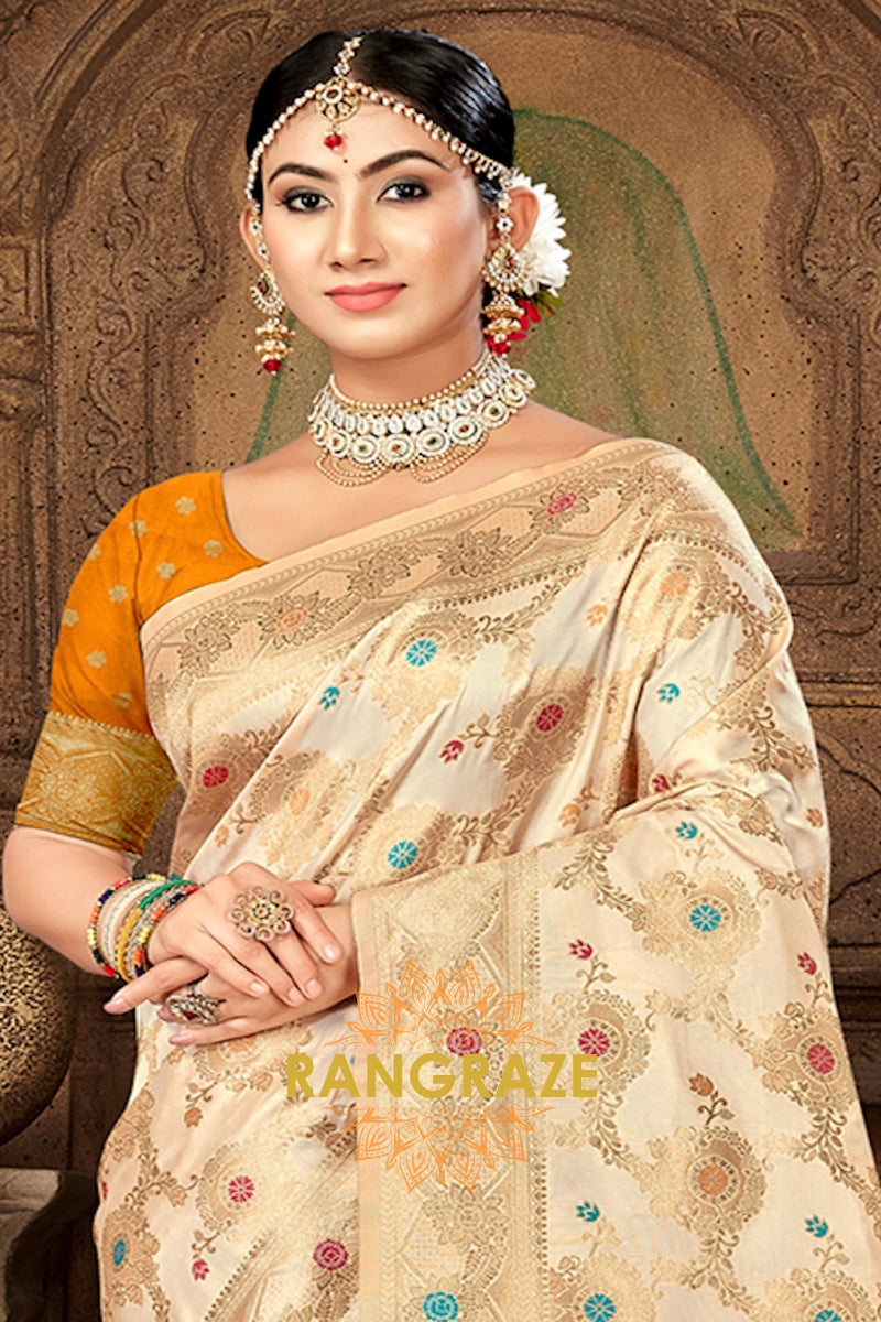 Lavish Yellow Blouse Banarasi Silk Beige Golden Saree