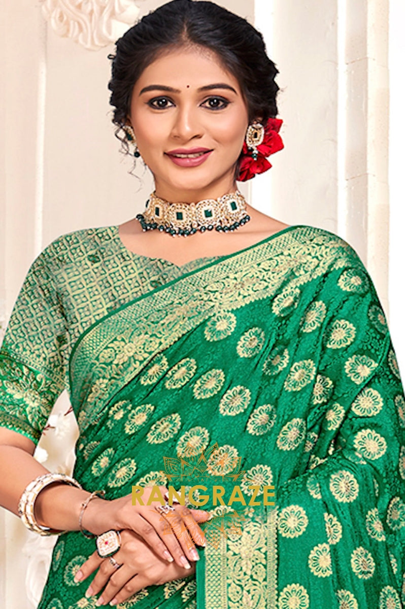 Charming Parrot Green Banarasi Silk Saree With Golden Zari Buta Work