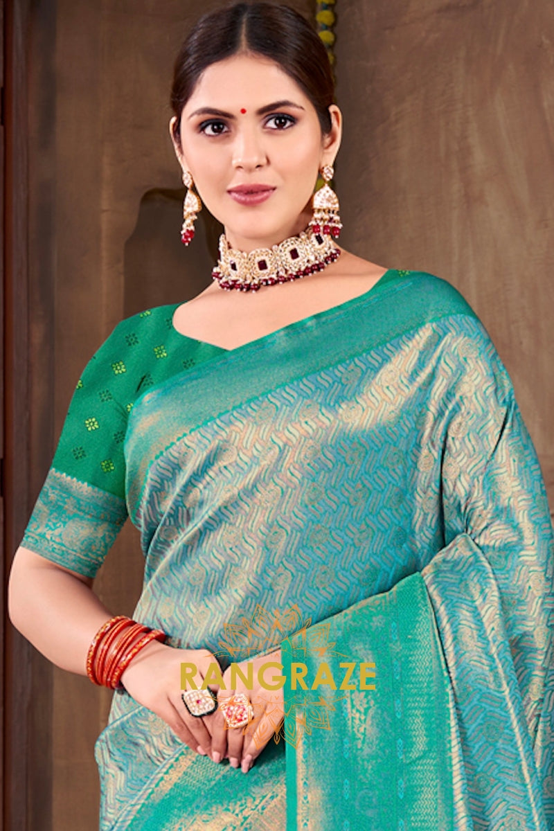 Radiant Golden Blue Banarasi Silk Saree With Woven Zari Work