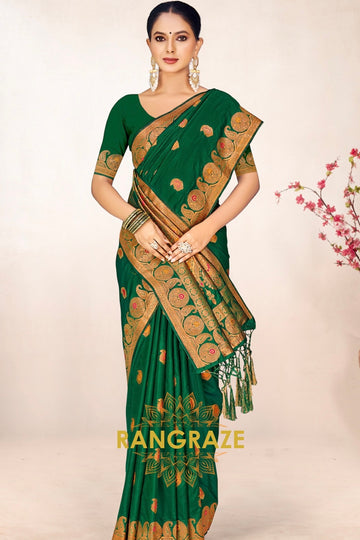 Mystic Green Banarasi Silk Saree With Golden Pallu