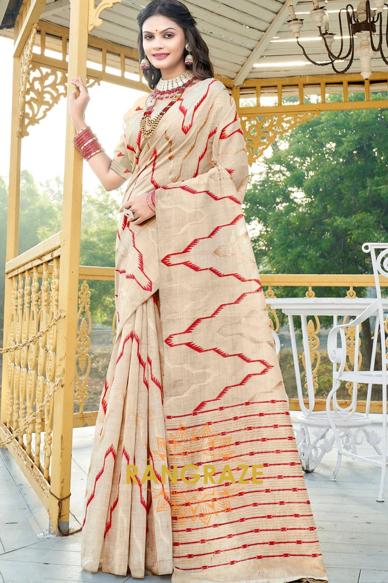 Red Pure Cotton Ivory Cream Saree