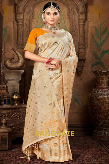 Yellow Blouse Banarasi Silk Beige Golden Saree