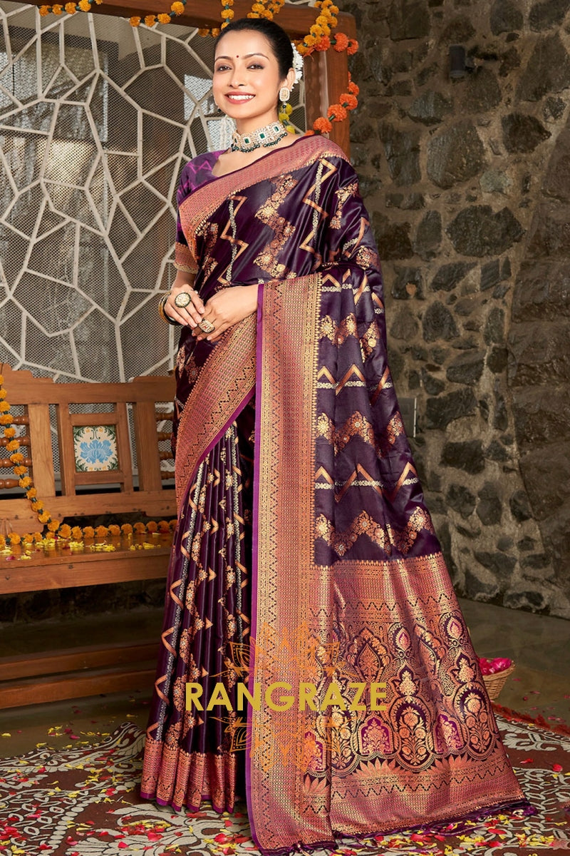Maroon Pure Satin Silk Saree With Golden Zari Work