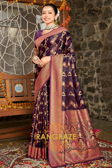 Maroon Pure Satin Silk Saree With Golden Zari Work