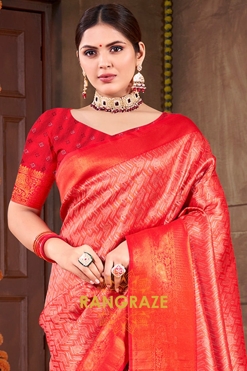 Radiant Red Banarasi Silk Saree With Woven Zari Work