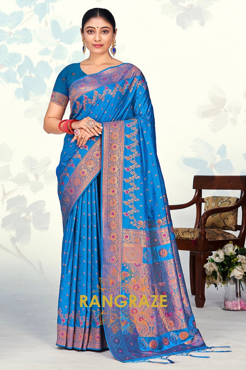 Regal Blue Banarasi Silk Saree With Matching Blouse