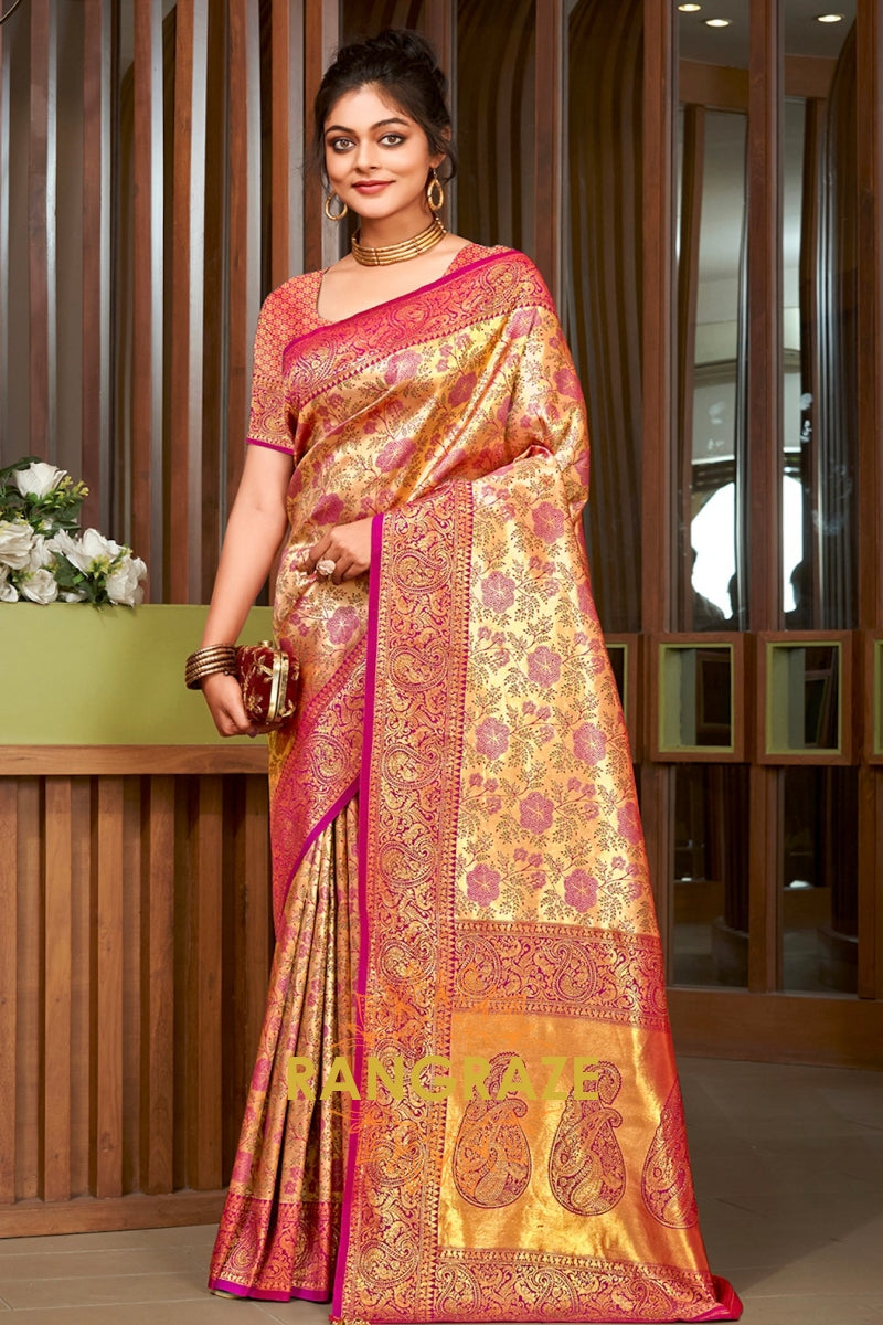 Magenta Golden Heavy Golden Zari Work Banarasi Silk Saree