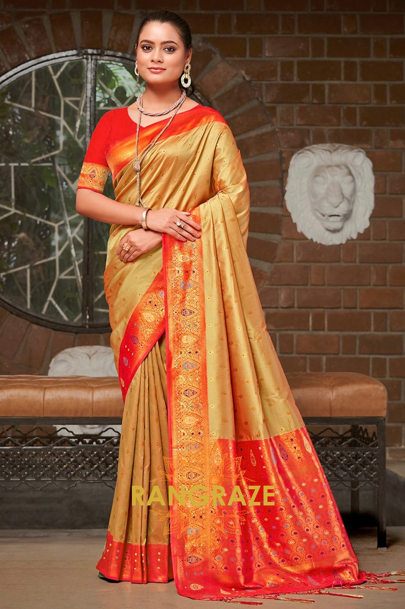 Majestic Golden Banarasi Silk Saree With Pallu Matching Blouse