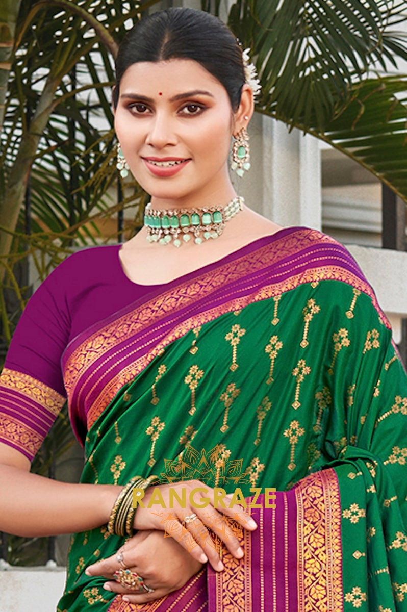 Opulent Dark Green Banarasi Silk Saree With Pallu Matching Blouse