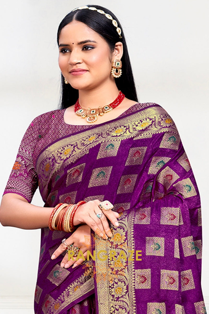 Elegant Purple Banarasi Silk Saree With Golden Zari Buta Work