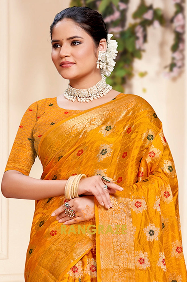 Timeless Yellow Banarasi Silk Saree With Golden Zari Buta Work