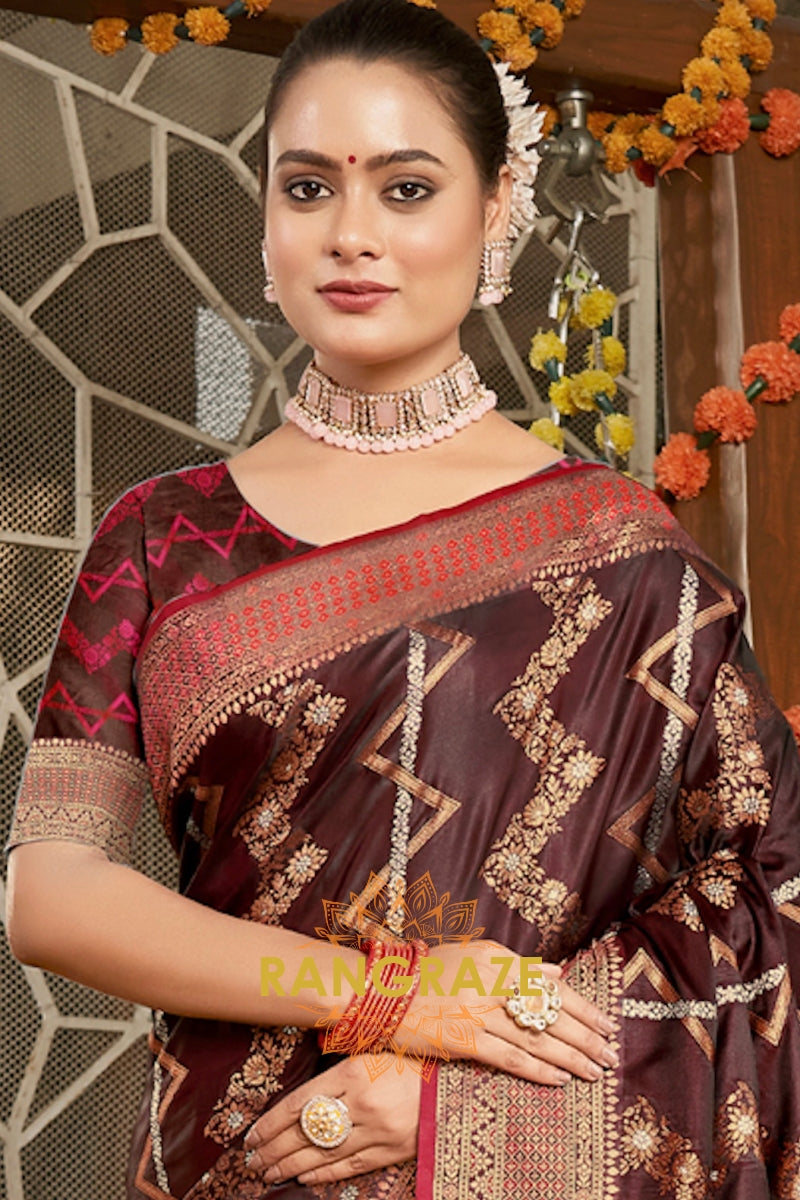 Brown Pure Satin Silk Saree With Golden Zari Work