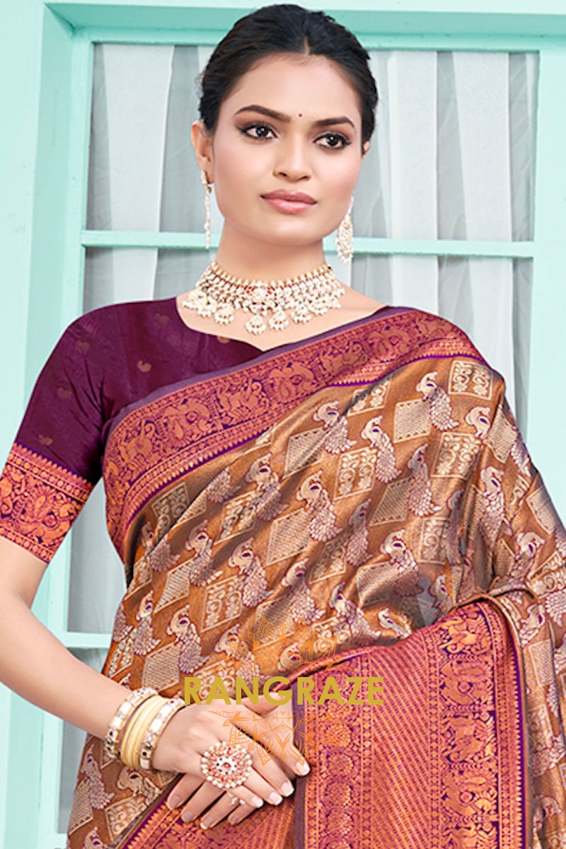 Majestic Brown Purple Floral Red Kanjivaram Silk Saree With Blouse