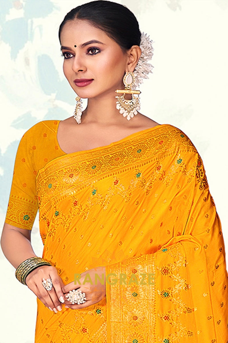 Regal Yellow Banarasi Silk Saree With Matching Blouse