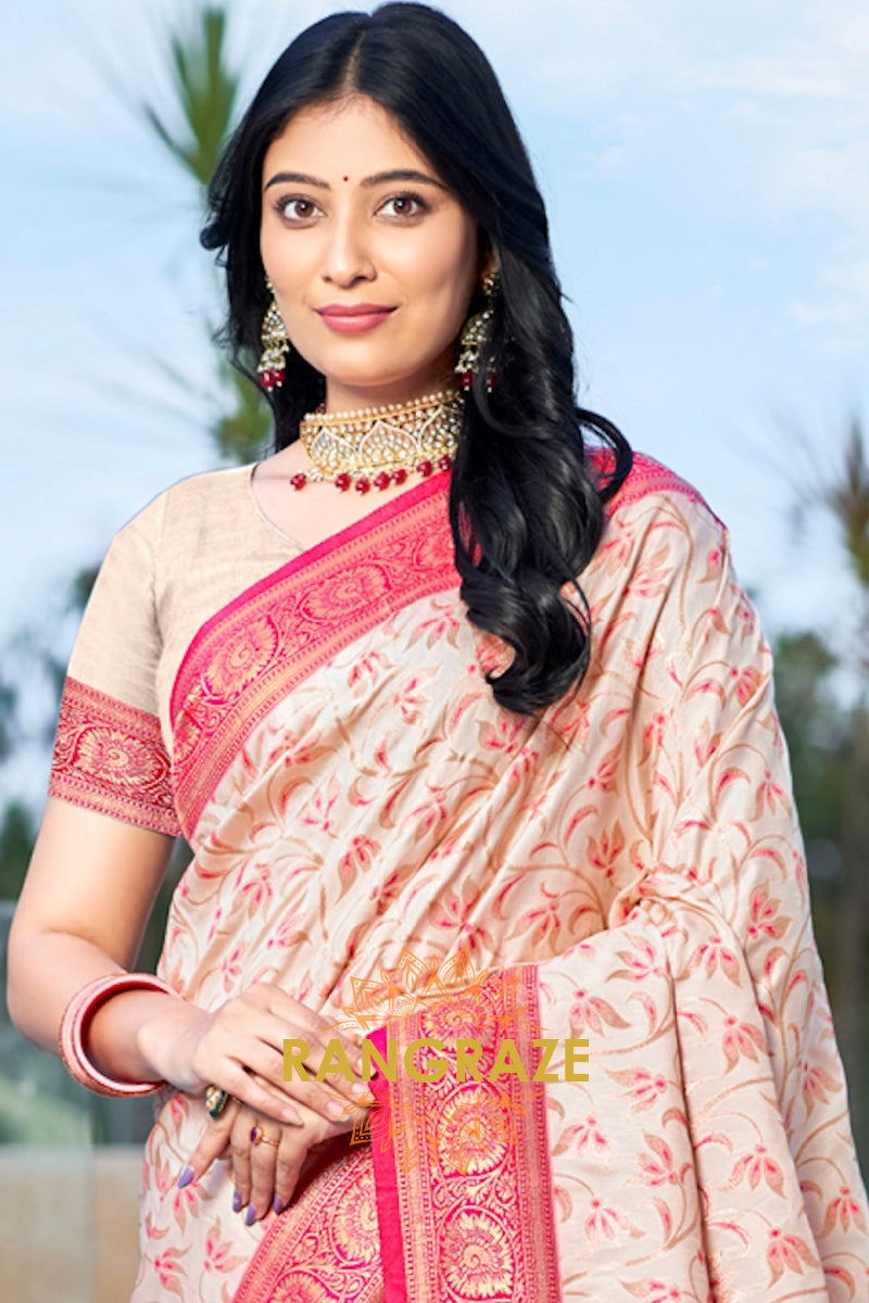 Beige Pink Banarasi Silk Saree With Contrast Pallu