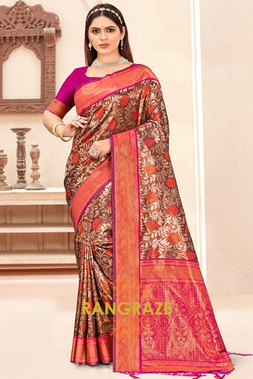 Metal Purple Floral Kanjivaram Silk Saree With Blouse