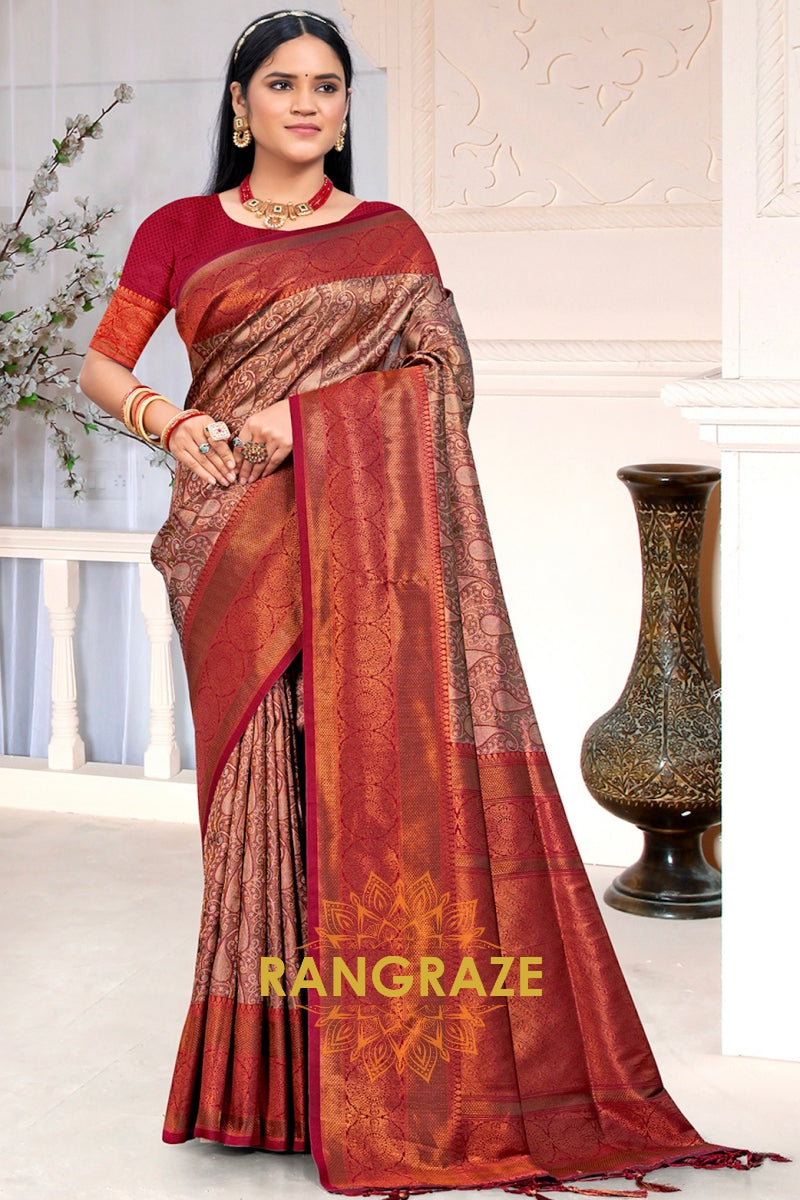 Heritage Brown Maroonfloral Red Kanjivaram Silk Saree With Blouse