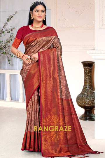 Heritage Brown Maroonfloral Red Kanjivaram Silk Saree With Blouse