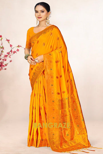 Mystic Yellow Banarasi Silk Saree With Golden Pallu