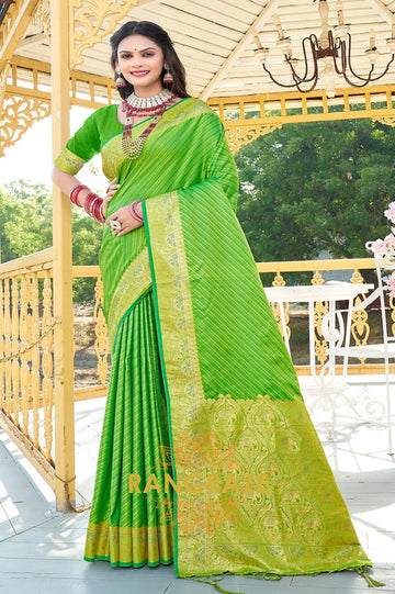 Parrot Green Golden Zari Banarasi Silk Saree With Matching Blouse
