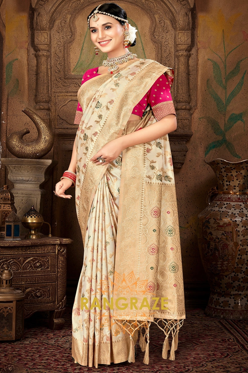 Lavish Magenta Blouse Banarasi Silk Beige Golden Saree