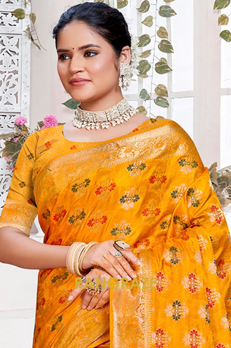 Lavish Yellow Banarasi Silk Saree With Golden Zari Buta Work