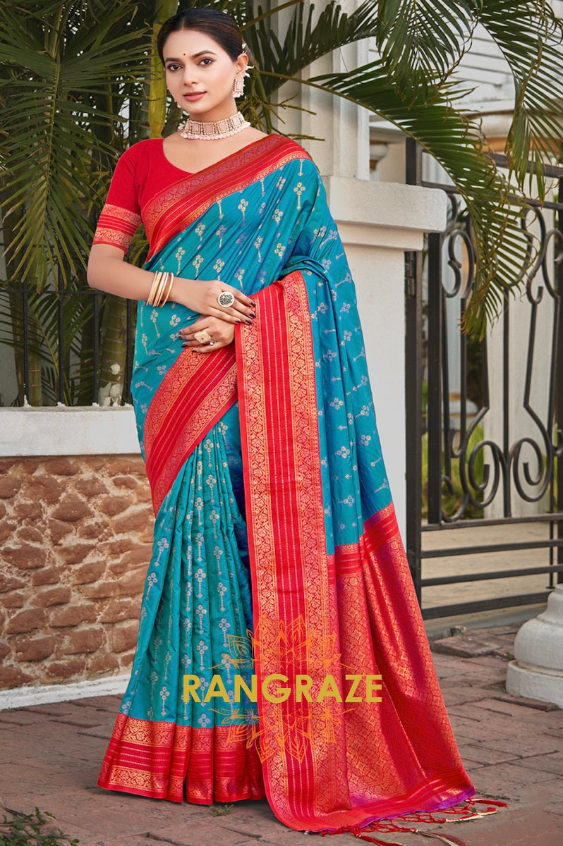 Opulent Turquoise Banarasi Silk Saree With Pallu Matching Blouse