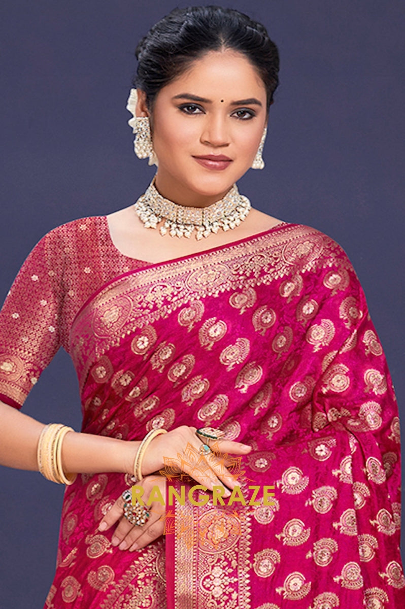 Luxurious Magenta Pink Banarasi Silk Saree With Golden Zari Buta Work