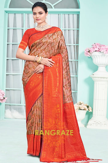Majestic Brown Orange Floral Red Kanjivaram Silk Saree With Blouse