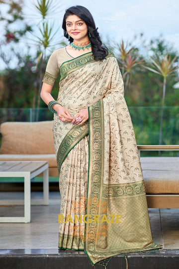 Beige Green Banarasi Silk Saree With Contrast Pallu