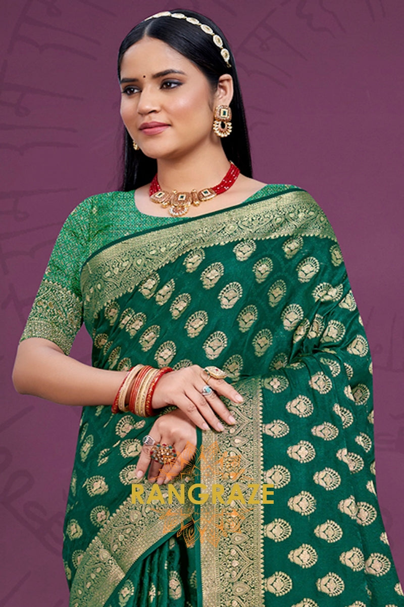 Divine Dark Green Banarasi Silk Saree With Golden Zari Buta Work