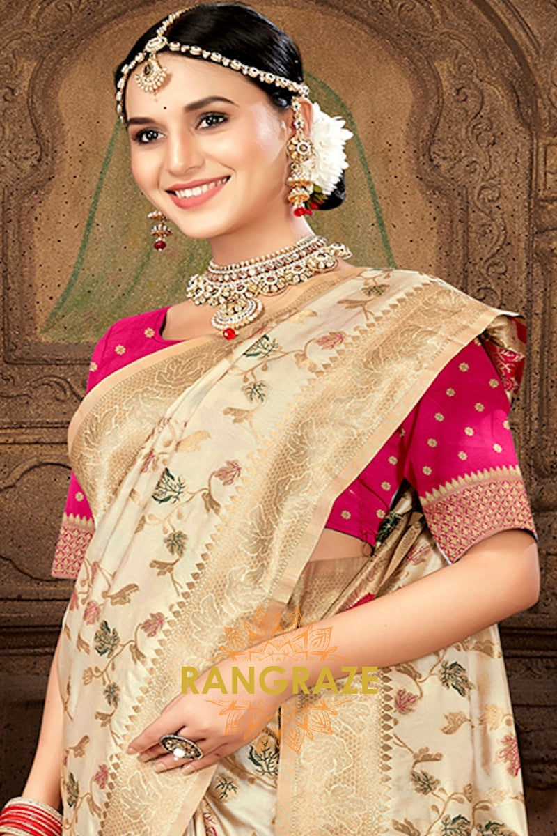 Lavish Magenta Blouse Banarasi Silk Beige Golden Saree