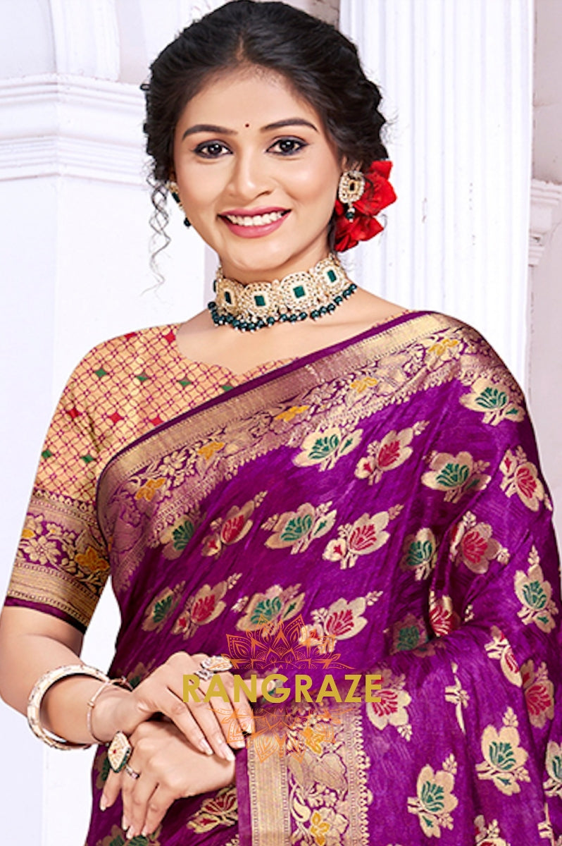 Splendid Purple Banarasi Silk Saree With Golden Zari Buta Work