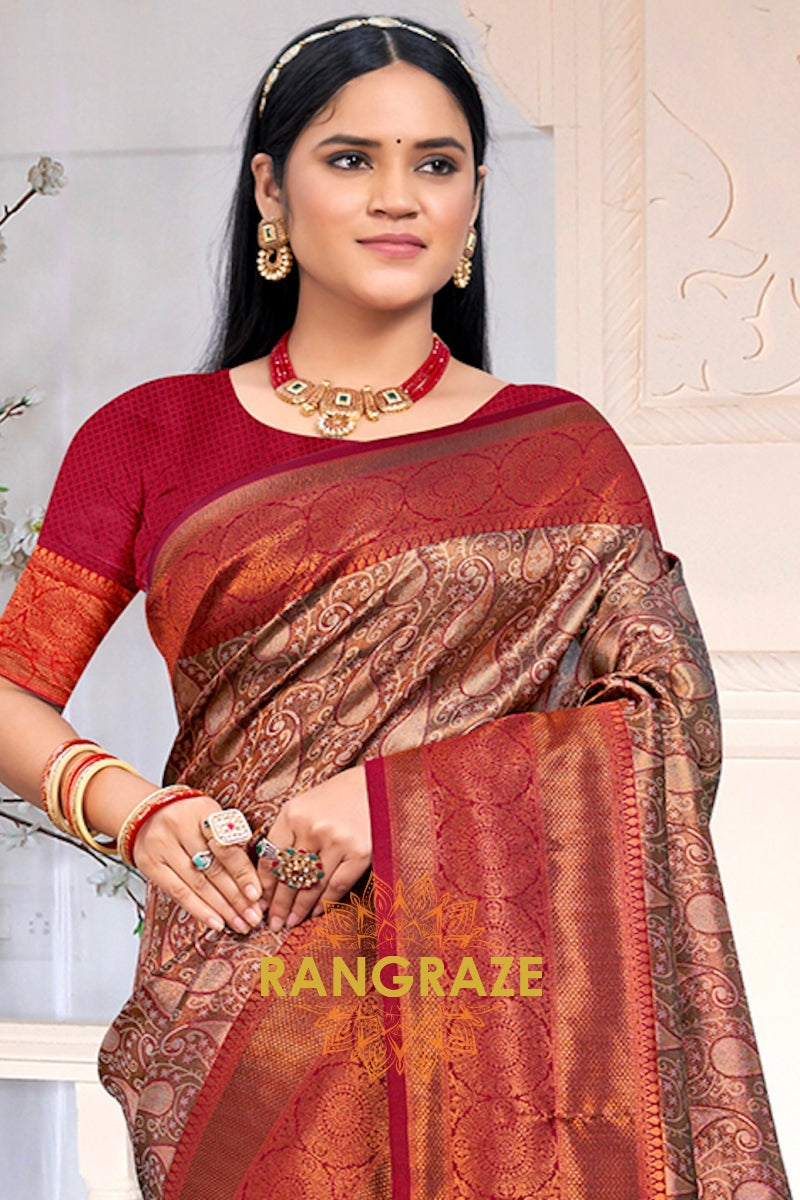 Heritage Brown Maroonfloral Red Kanjivaram Silk Saree With Blouse