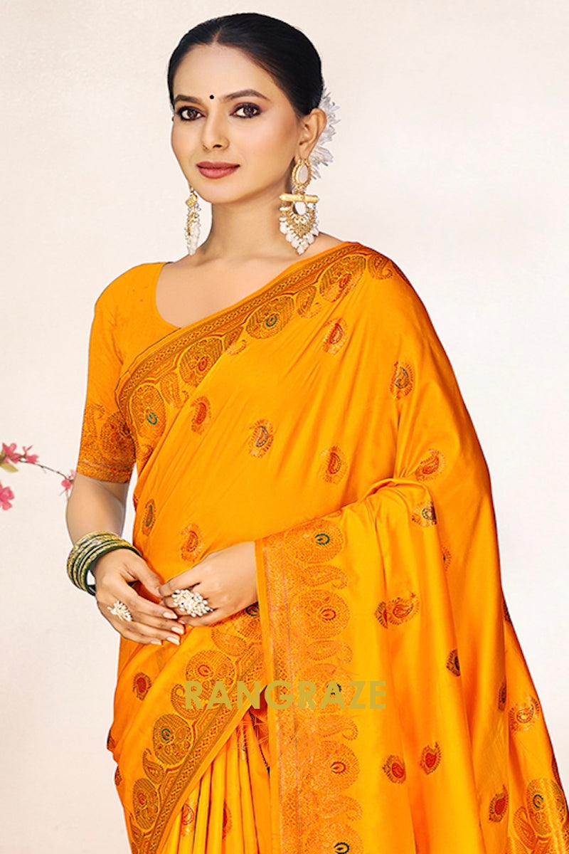 Mystic Yellow Banarasi Silk Saree With Golden Pallu