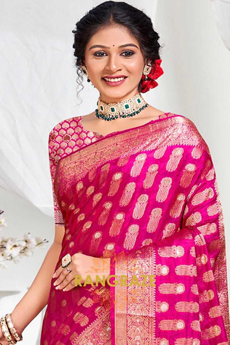 Royal Magenta Banarasi Silk Saree With Golden Zari Buta Work