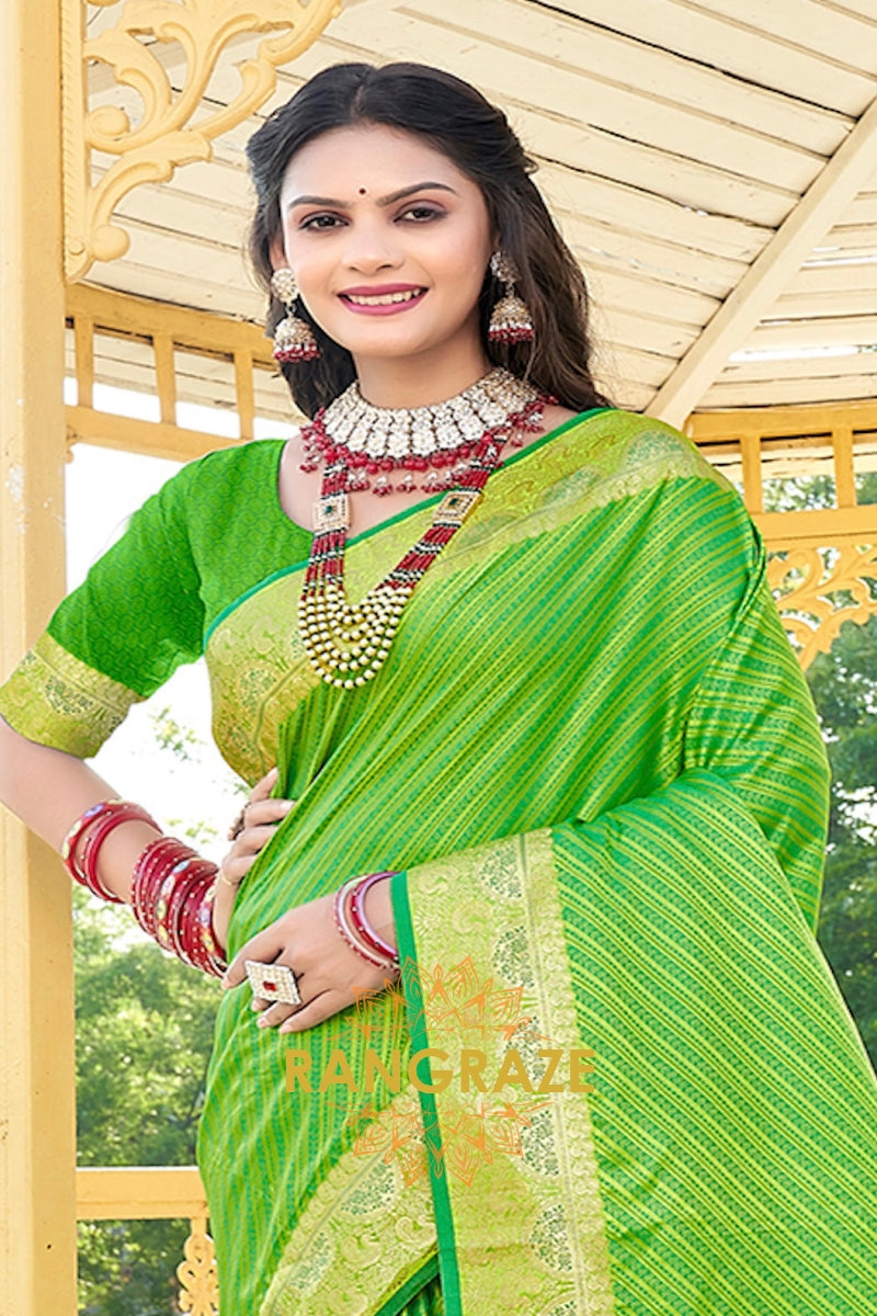 Parrot Green Golden Zari Banarasi Silk Saree With Matching Blouse