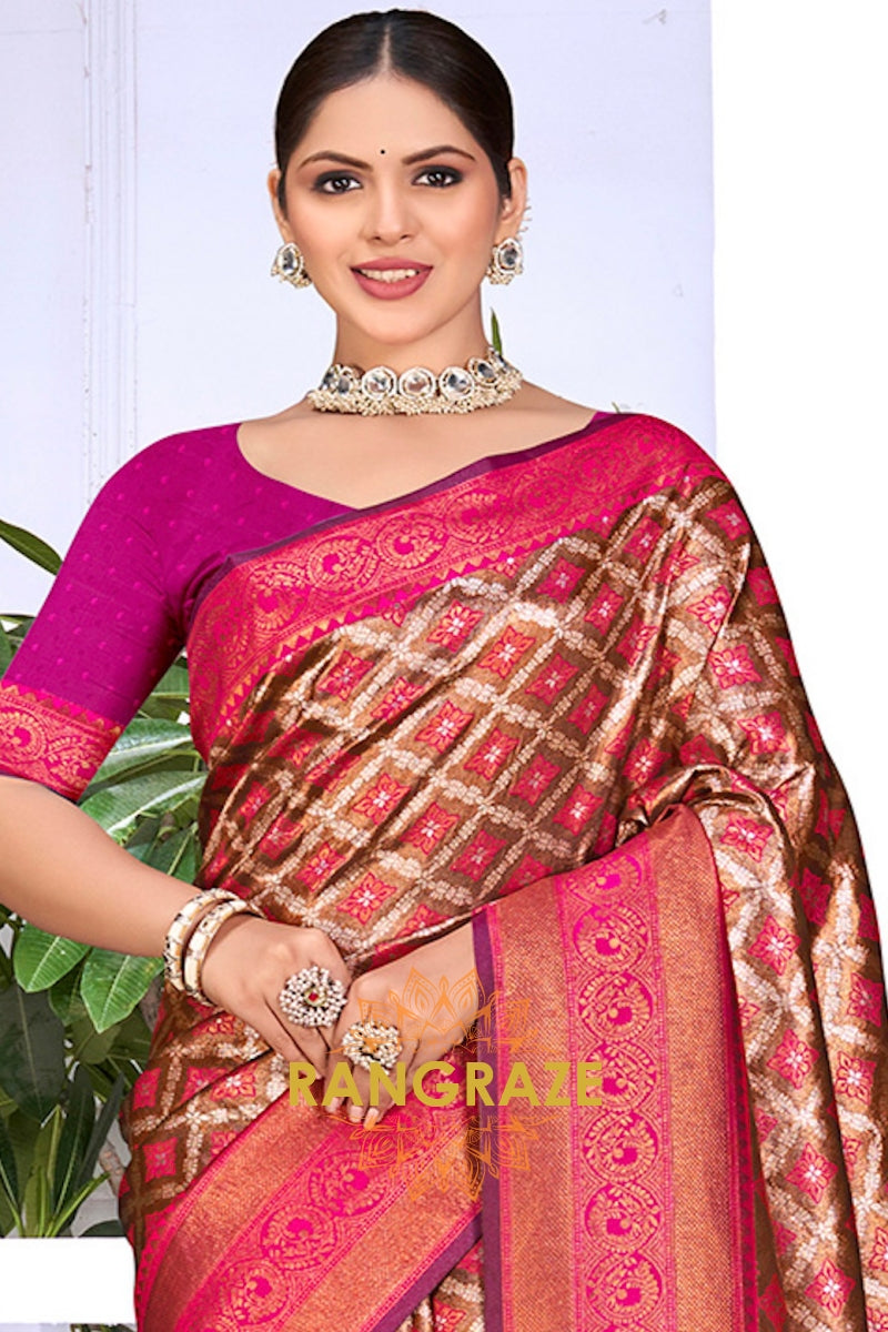 Divine Brown Magenta Floral Red Kanjivaram Silk Saree With Blouse