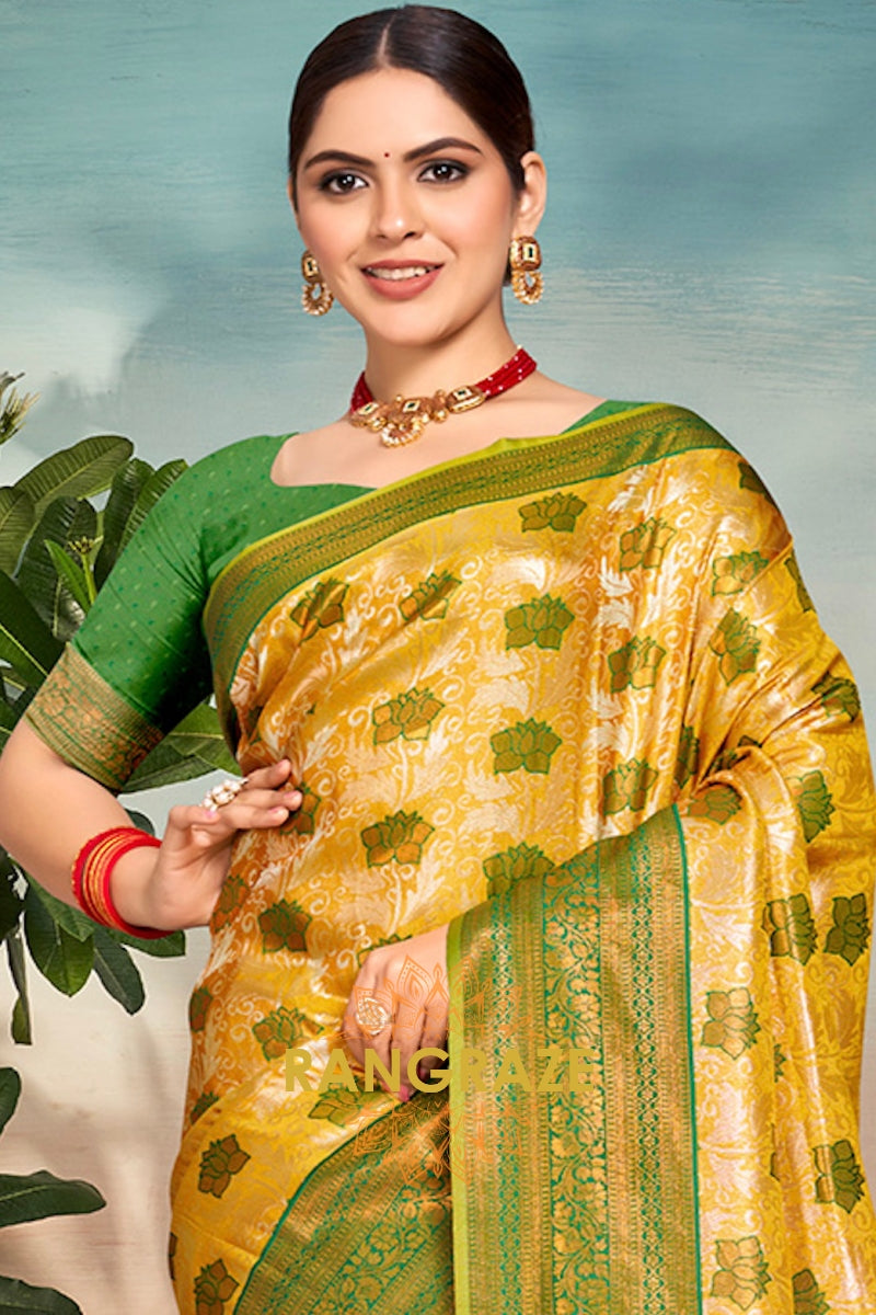 Elegant Yellow Banarasi Silk Saree With Woven Zari Work