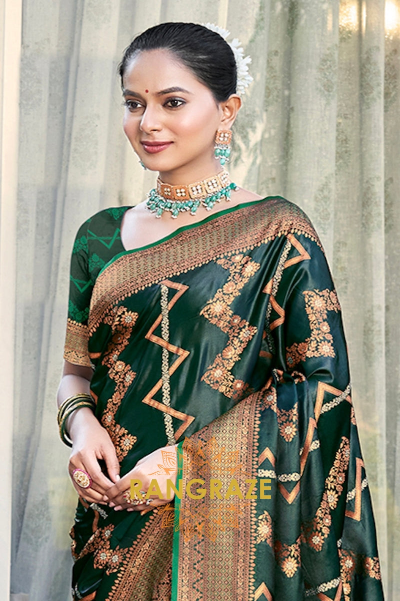 Dark Green Pure Satin Silk Saree With Golden Zari Work