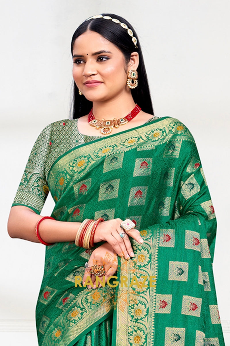 Elegant Green Banarasi Silk Saree With Golden Zari Buta Work