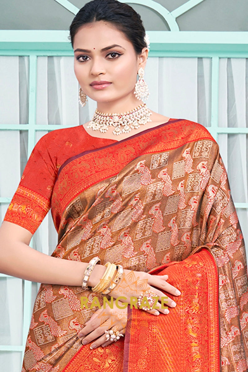 Majestic Brown Orange Floral Red Kanjivaram Silk Saree With Blouse