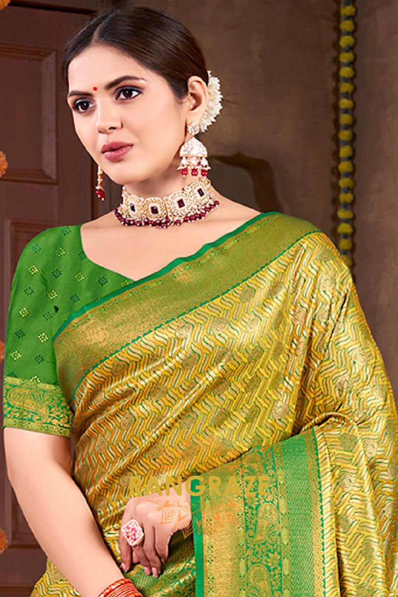 Radiant Golden Green Banarasi Silk Saree With Woven Zari Work