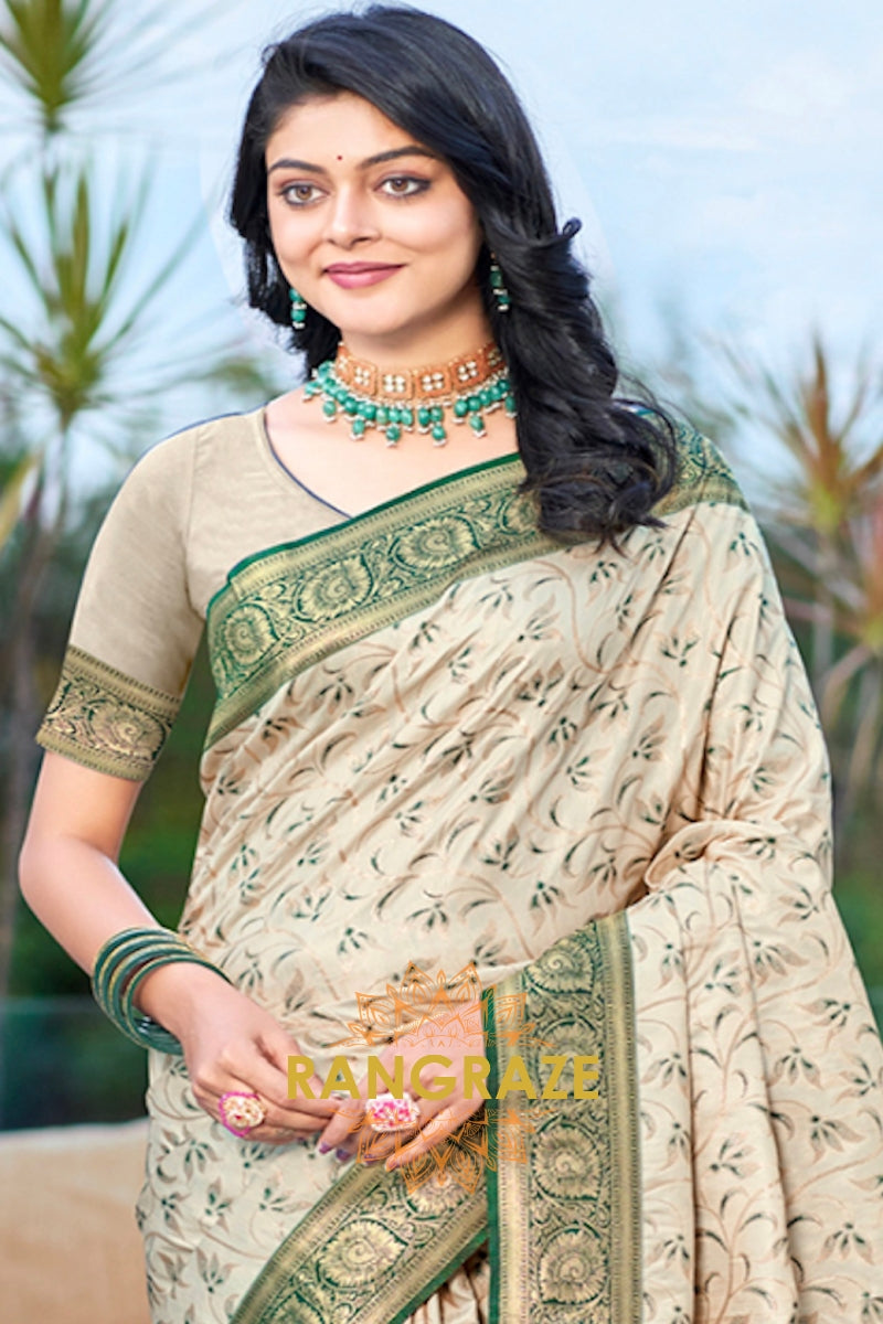 Beige Green Banarasi Silk Saree With Contrast Pallu