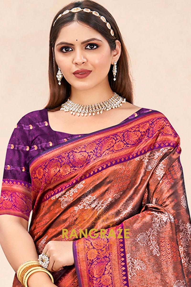 Imperial Brownish Purple Floral Tussar Silk Saree With Blouse