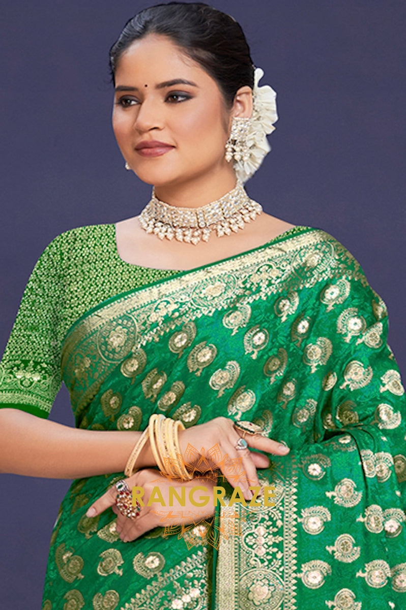 Luxurious Green Banarasi Silk Saree With Golden Zari Buta Work