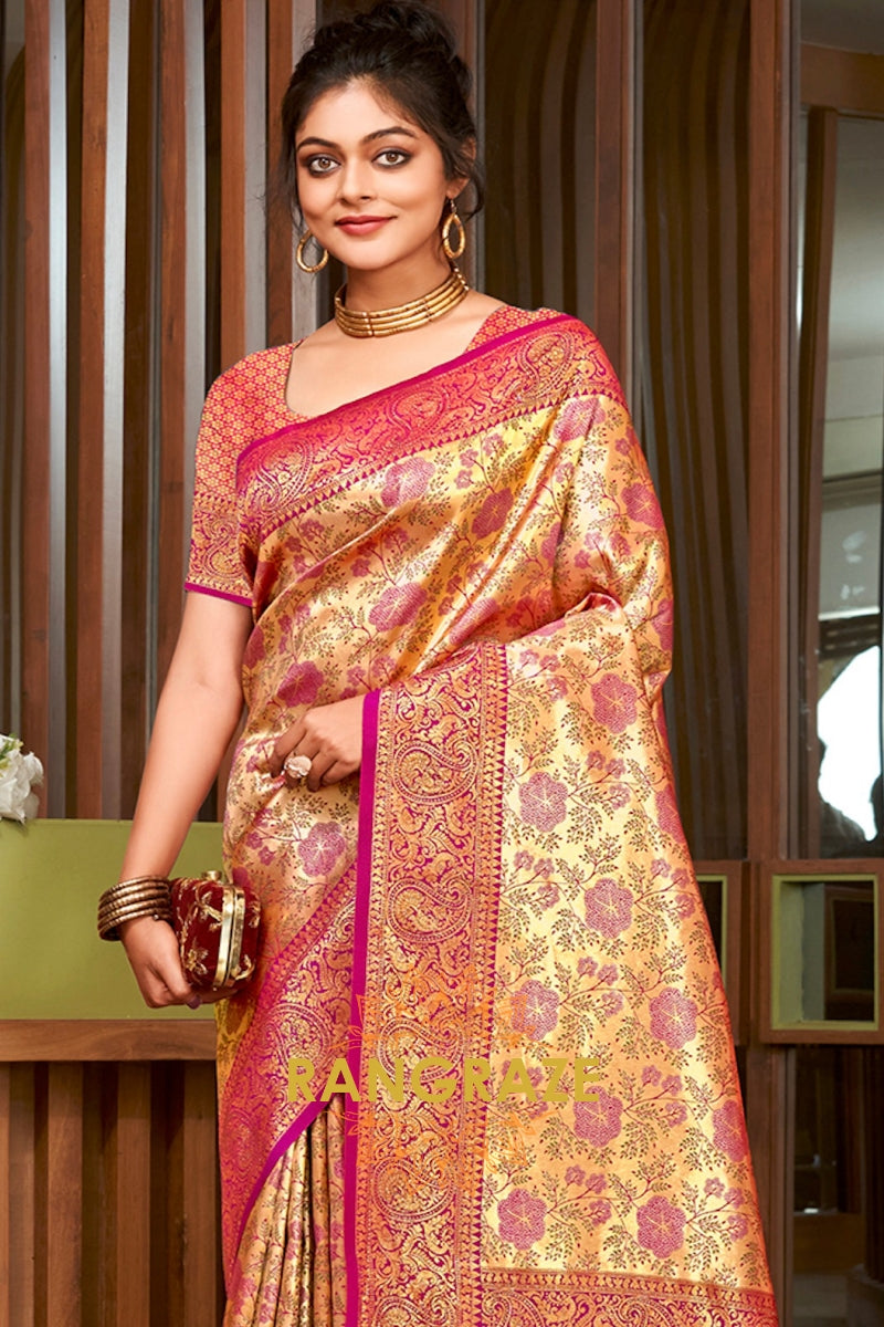 Magenta Golden Heavy Golden Zari Work Banarasi Silk Saree